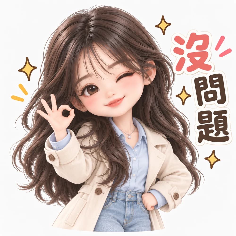 3D 公仔風女孩眨眼並比出 OK 手勢，搭配「沒問題」文字