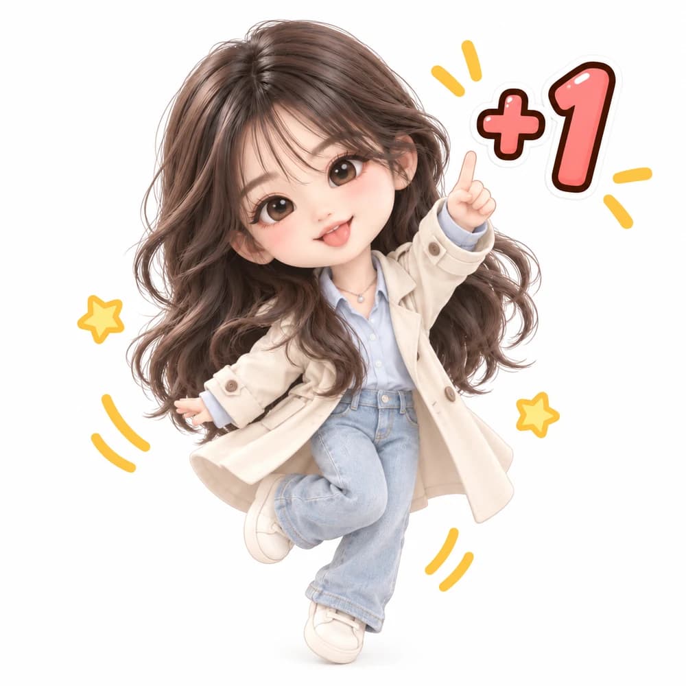 3D 公仔風女孩開心舉手，搭配「+1」文字